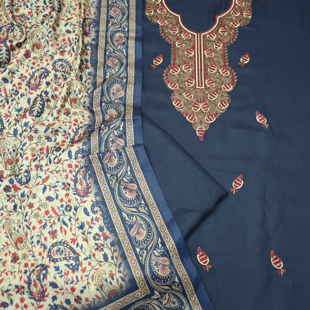 Mahisma Navy Blue Embroidered Neck Semi Pashmina Winter Set