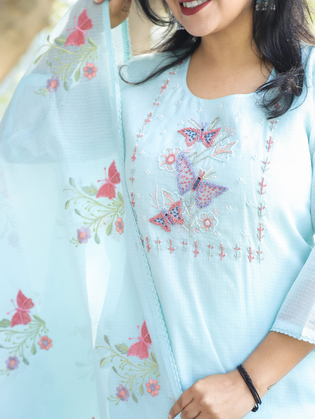Barista Powder Blue Bird Embroidered Neck Work Kota Doriya 3 Piece Set