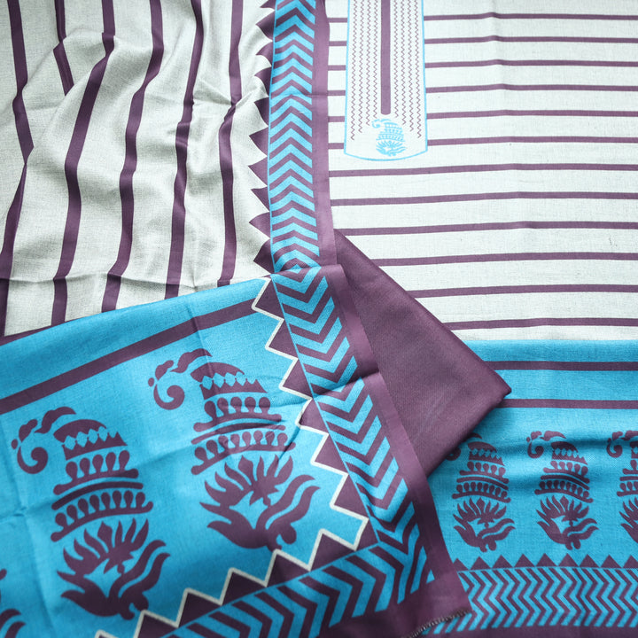 Rashi Hazel Grey with Aqua Stripe Digital Print Semi Pashmina WInter Set