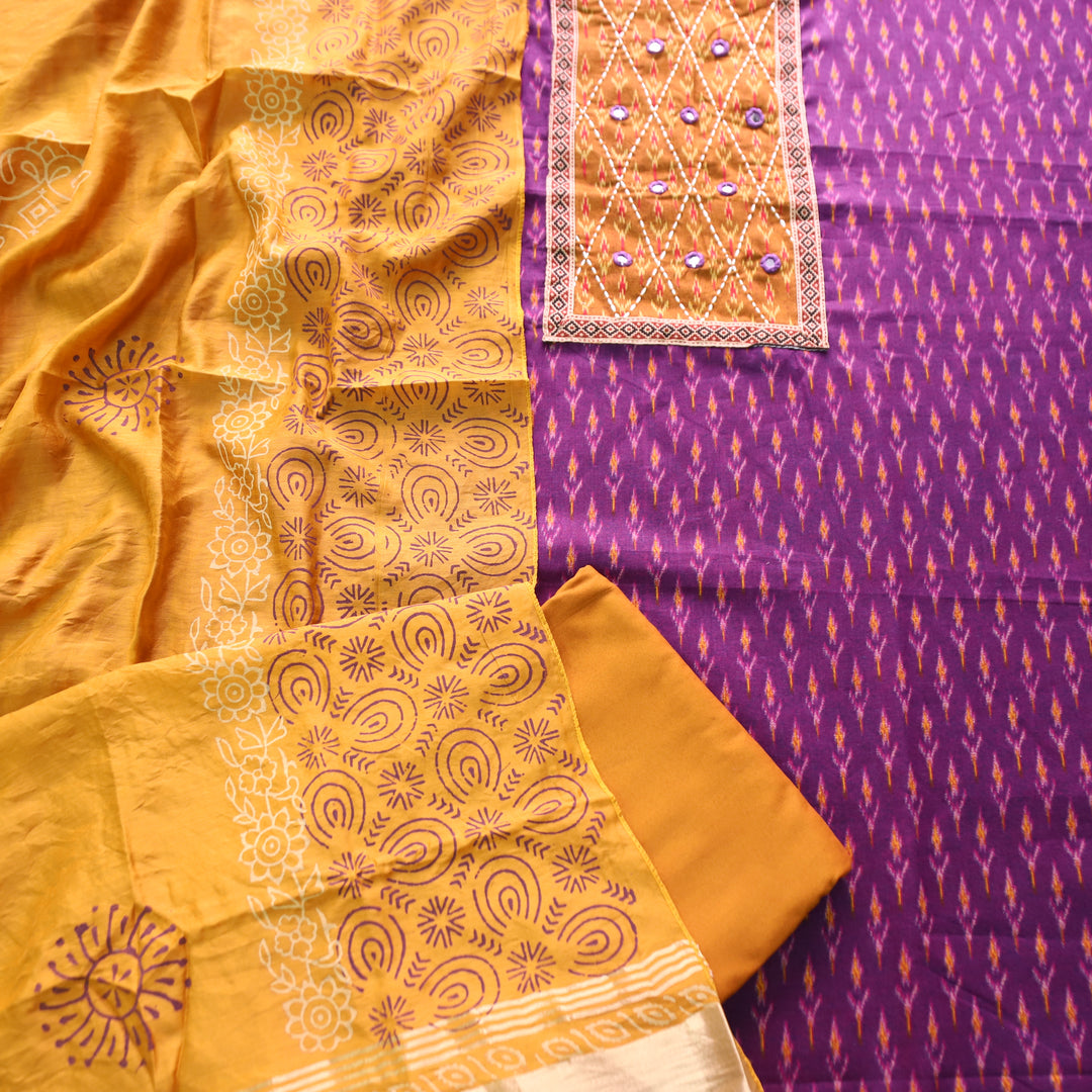 Rangroop Purple with Yellow Thread with Mirror Yoke Ikkat Print Cotton Suit Set