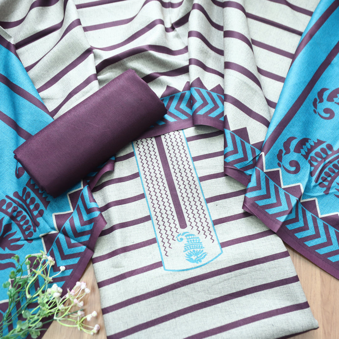 Rashi Hazel Grey with Aqua Stripe Digital Print Semi Pashmina WInter Set