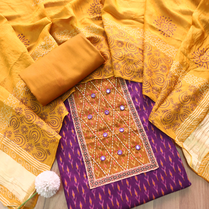 Rangroop Purple with Yellow Thread with Mirror Yoke Ikkat Print Cotton Suit Set