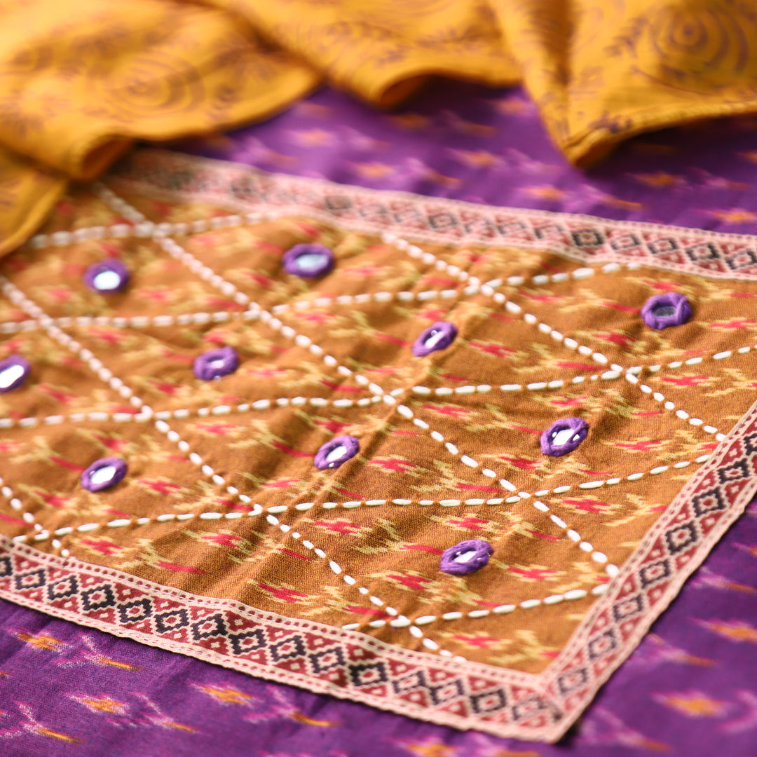 Rangroop Purple with Yellow Thread with Mirror Yoke Ikkat Print Cotton Suit Set