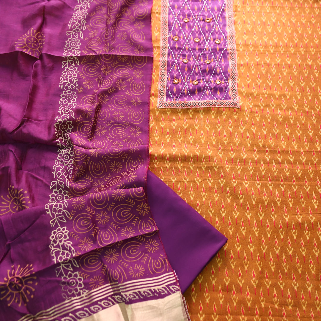 Rangroop Yellow with Purple Thread with Mirror Yoke Ikkat Print Cotton Suit Set