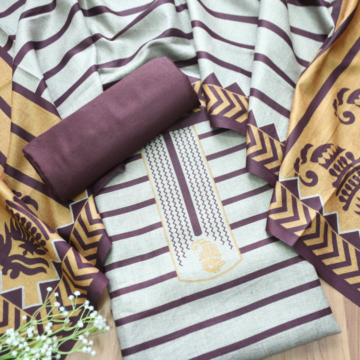 Rashi Hazel Grey with Golden Stripe Digital Print Semi Pashmina WInter Set