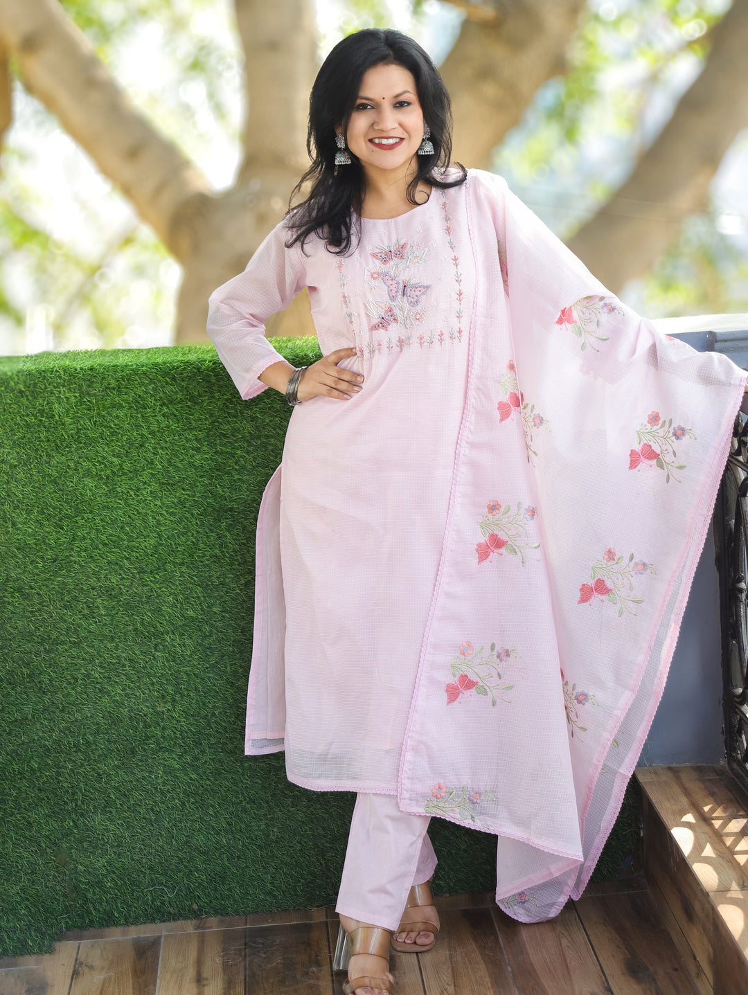 Barista Lavish Pink Bird Embroidered Neck Work Kota Doriya 3 Piece Set