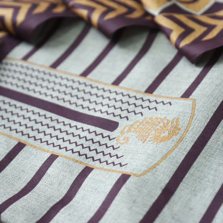 Rashi Hazel Grey with Golden Stripe Digital Print Semi Pashmina WInter Set