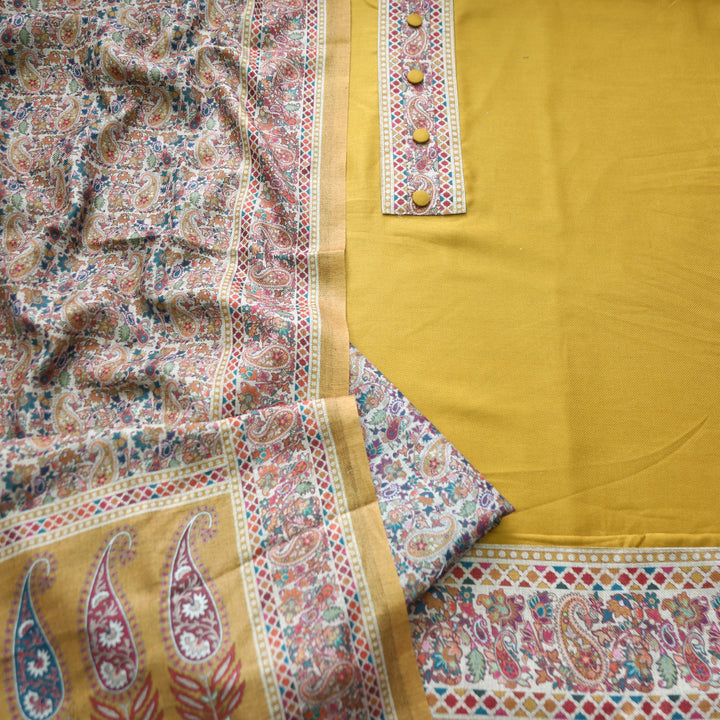 Afsana Yellow with Button Work Digital Printed Hem Semi Pashmina WInter Set