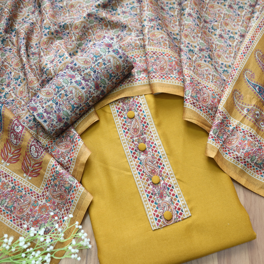 Afsana Yellow with Button Work Digital Printed Hem Semi Pashmina WInter Set