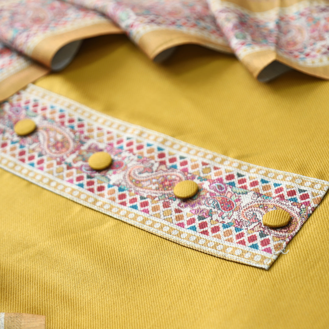 Afsana Yellow with Button Work Digital Printed Hem Semi Pashmina WInter Set