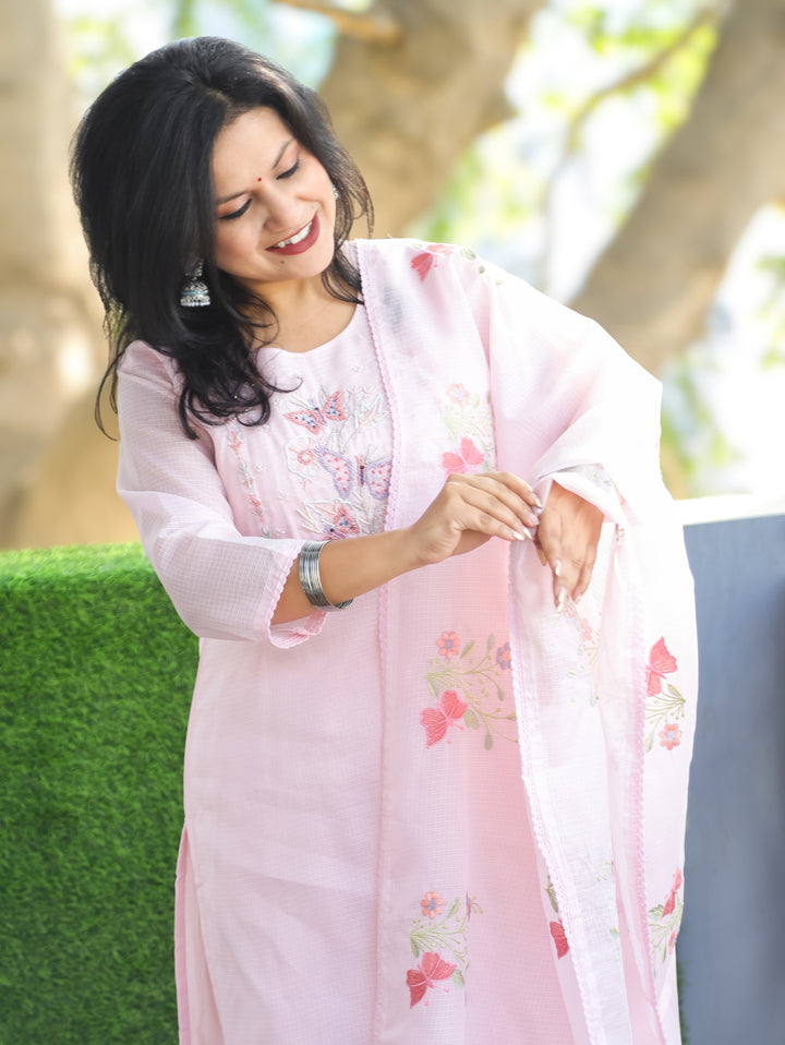 Barista Lavish Pink Bird Embroidered Neck Work Kota Doriya 3 Piece Set