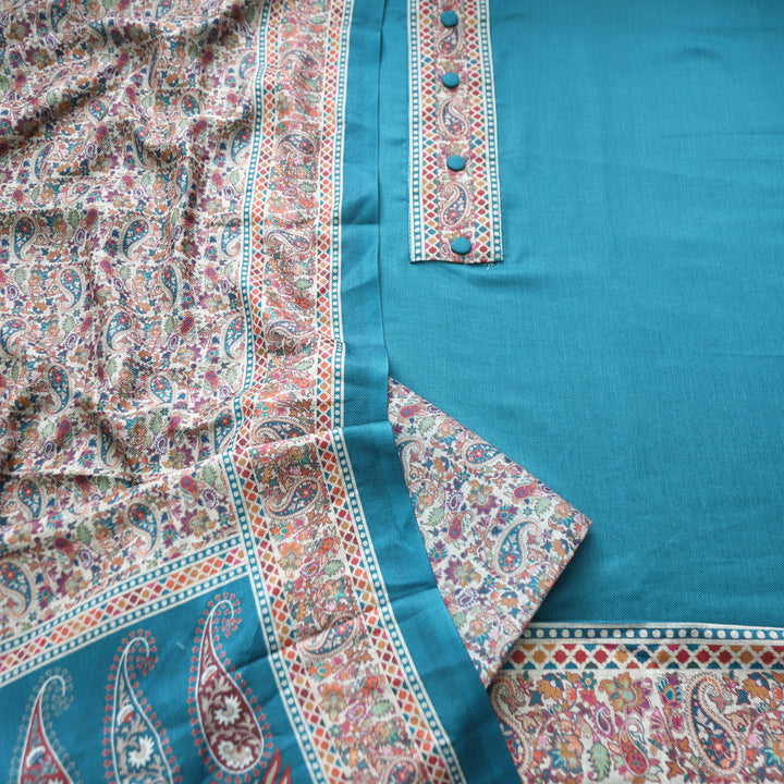 Afsana Aqua with Button Work Digital Printed Hem Semi Pashmina WInter Set