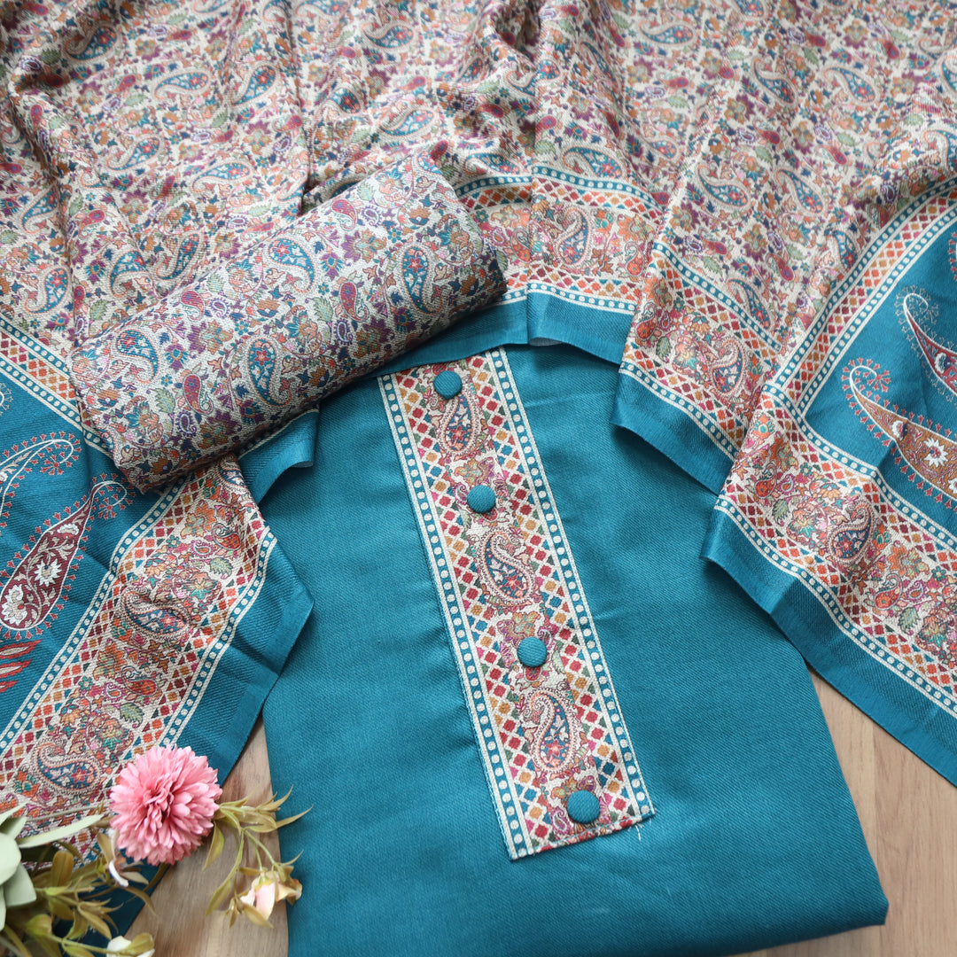Afsana Aqua with Button Work Digital Printed Hem Semi Pashmina WInter Set