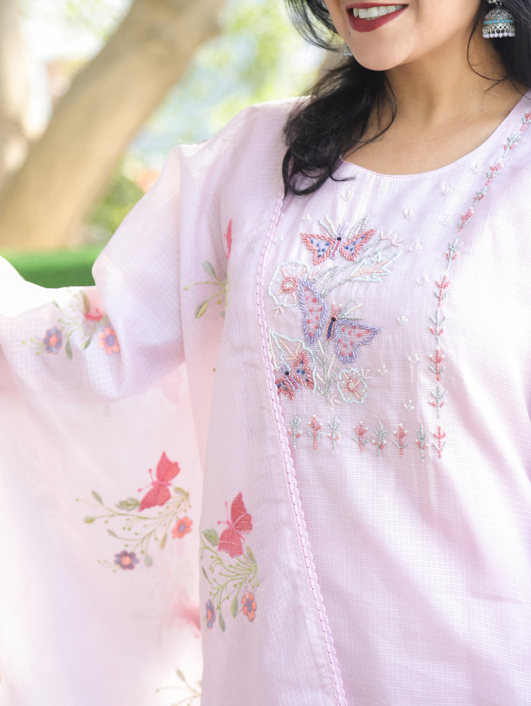 Barista Lavish Pink Bird Embroidered Neck Work Kota Doriya 3 Piece Set