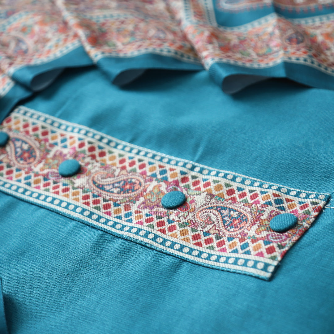 Afsana Aqua with Button Work Digital Printed Hem Semi Pashmina WInter Set