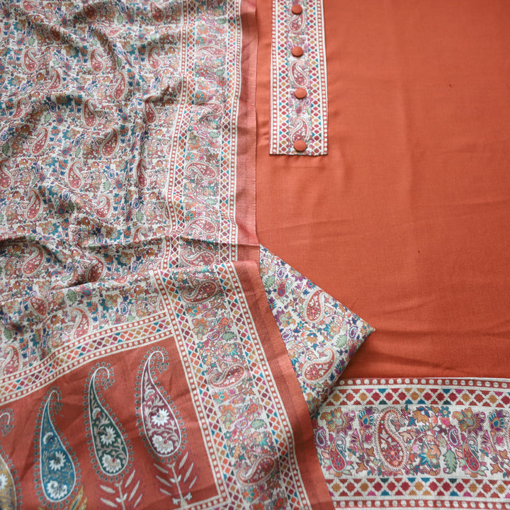Afsana Rust with Button Work Digital Printed Hem Semi Pashmina WInter Set