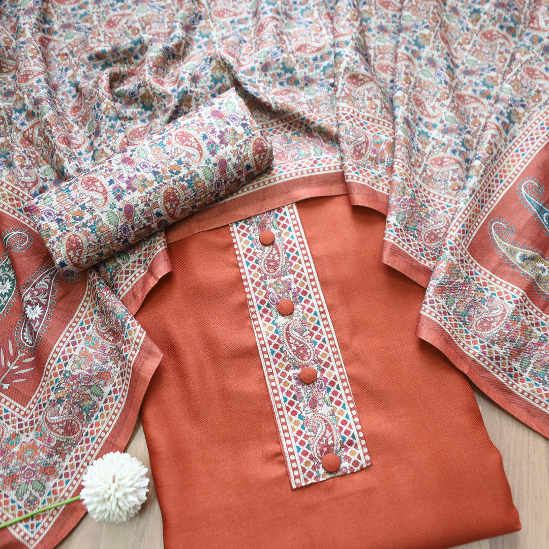 Afsana Rust with Button Work Digital Printed Hem Semi Pashmina WInter Set