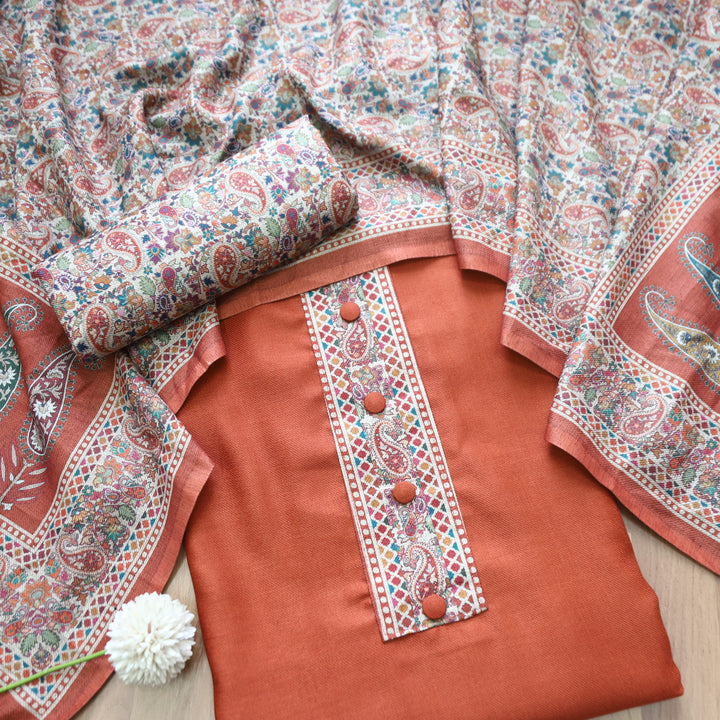 Afsana Rust with Button Work Digital Printed Hem Semi Pashmina WInter Set