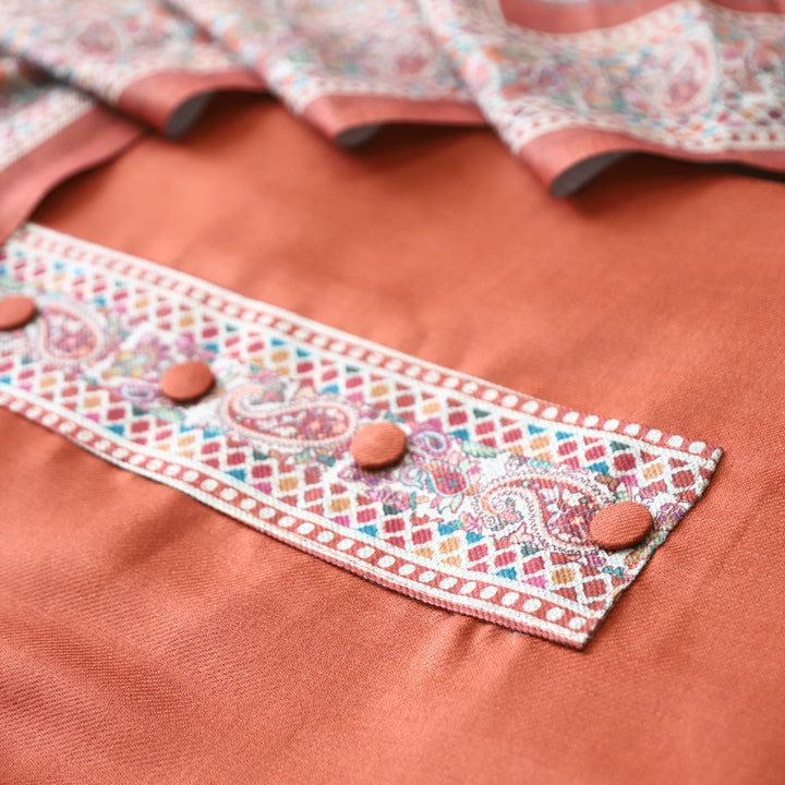Afsana Rust with Button Work Digital Printed Hem Semi Pashmina WInter Set