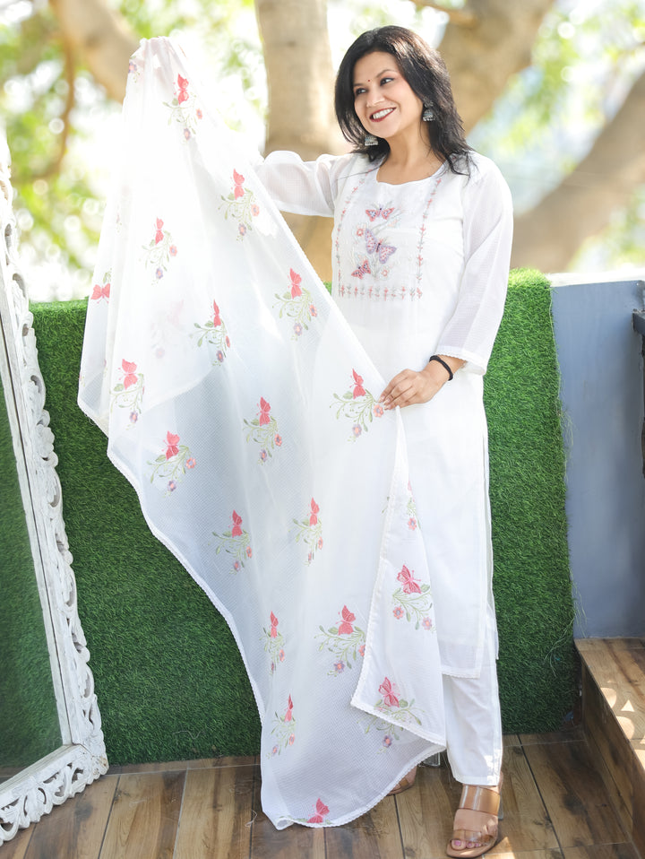 Barista Shell White Bird Embroidered Neck Work Kota Doriya 3 Piece Set