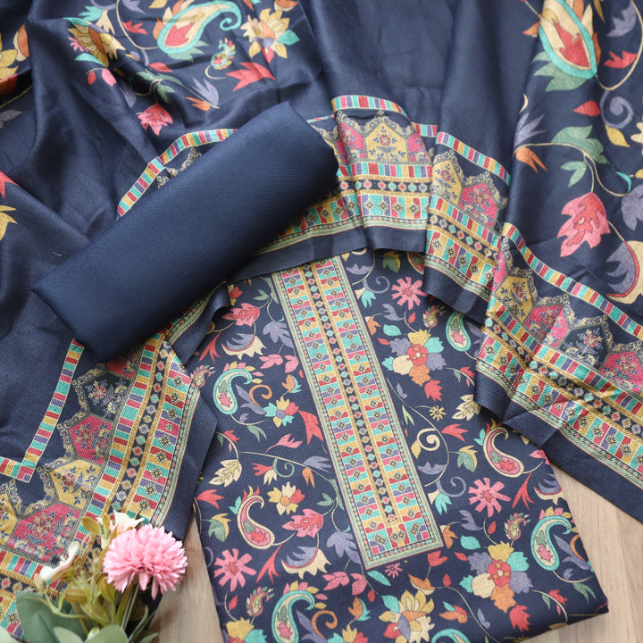 Rashmika Royal Blue Kanni Floral Printed Semi Pashmina Winter Set