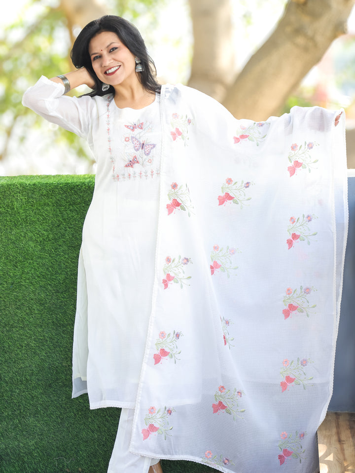 Barista Shell White Bird Embroidered Neck Work Kota Doriya 3 Piece Set