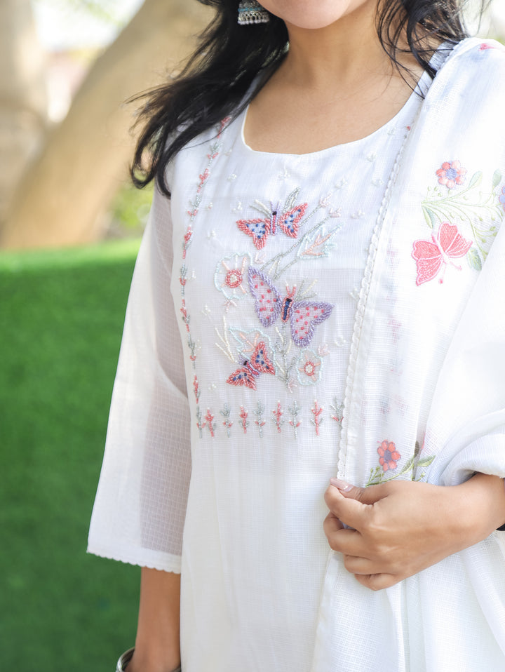 Barista Shell White Bird Embroidered Neck Work Kota Doriya 3 Piece Set