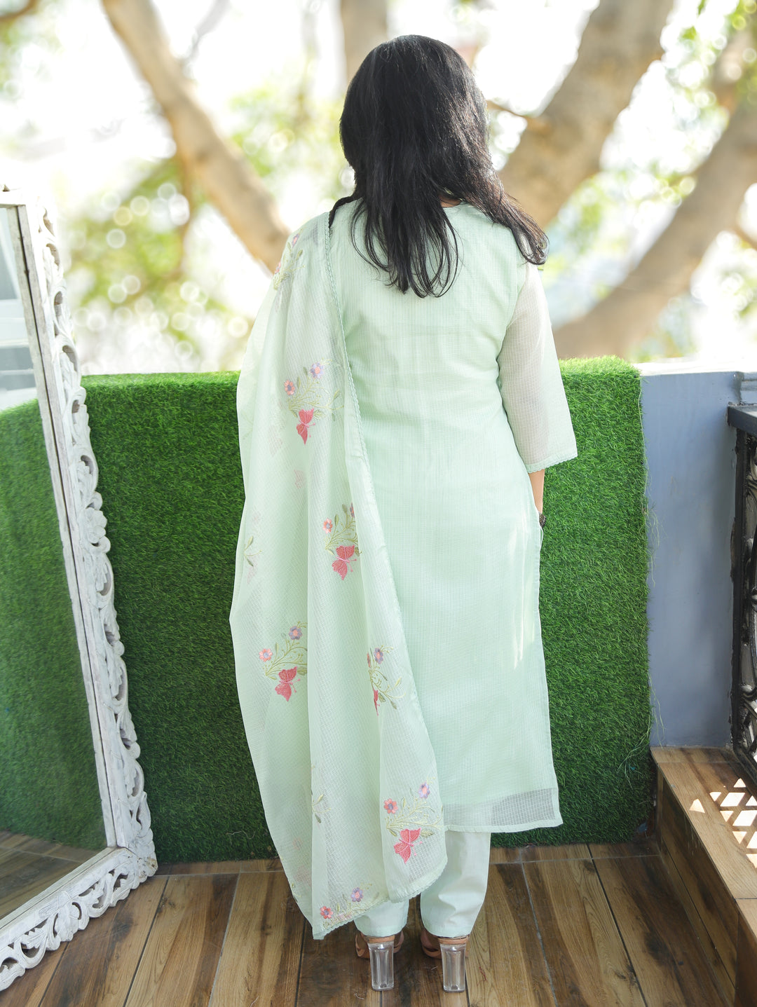 Barista Mint Green Bird Embroidered Neck Work Kota Doriya 3 Piece Set