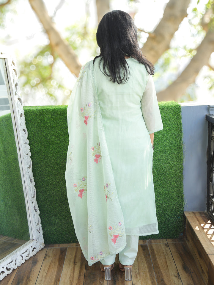 Barista Mint Green Bird Embroidered Neck Work Kota Doriya 3 Piece Set