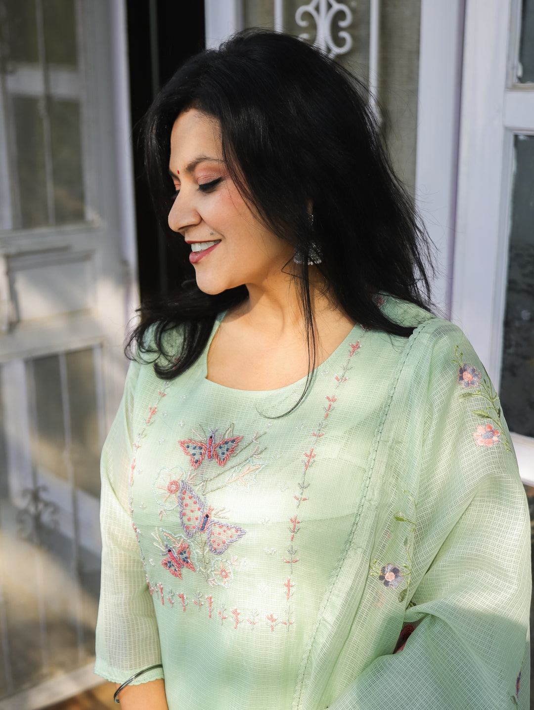Barista Mint Green Bird Embroidered Neck Work Kota Doriya 3 Piece Set