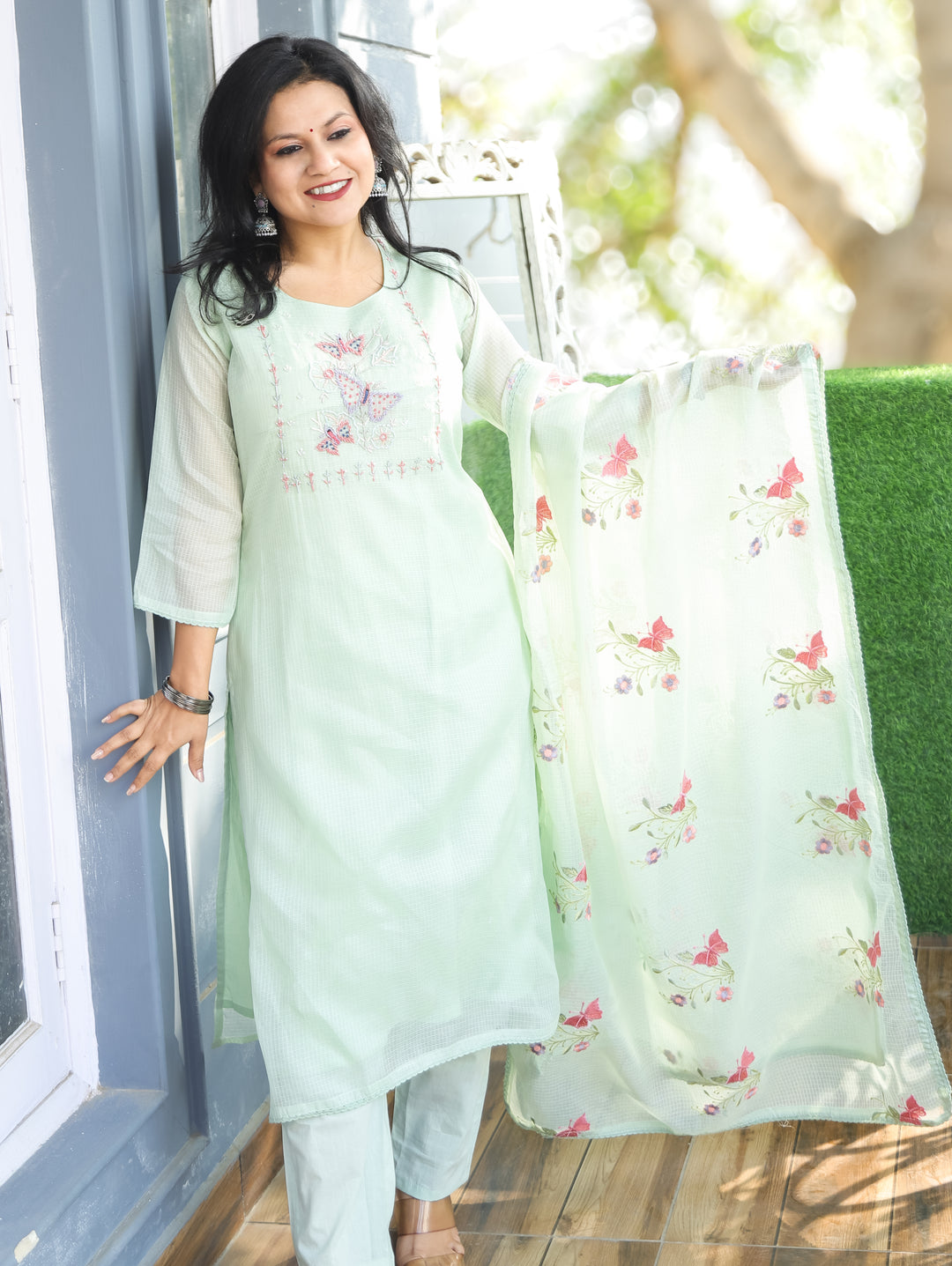 Barista Mint Green Bird Embroidered Neck Work Kota Doriya 3 Piece Set