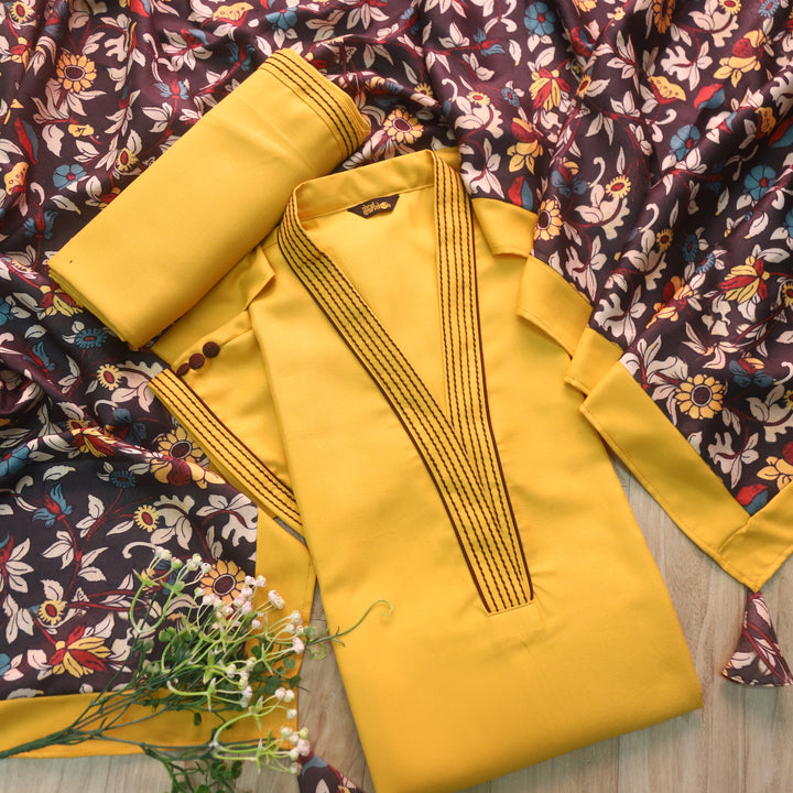 सुनहरी Beetle Yellow Running Thread Work Semi Pashmina Winter Suit Set