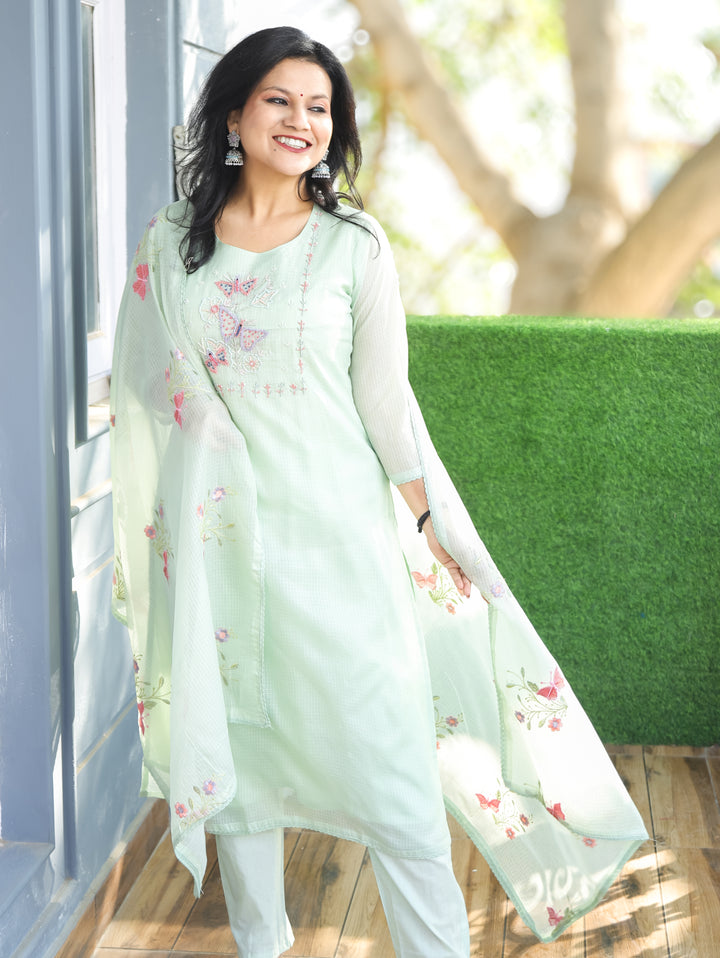 Barista Mint Green Bird Embroidered Neck Work Kota Doriya 3 Piece Set