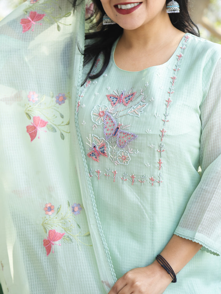 Barista Mint Green Bird Embroidered Neck Work Kota Doriya 3 Piece Set