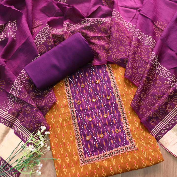Rangroop Yellow with Purple Thread with Mirror Yoke Ikkat Print Cotton Suit Set