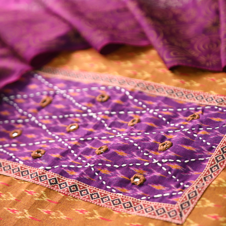 Rangroop Yellow with Purple Thread with Mirror Yoke Ikkat Print Cotton Suit Set