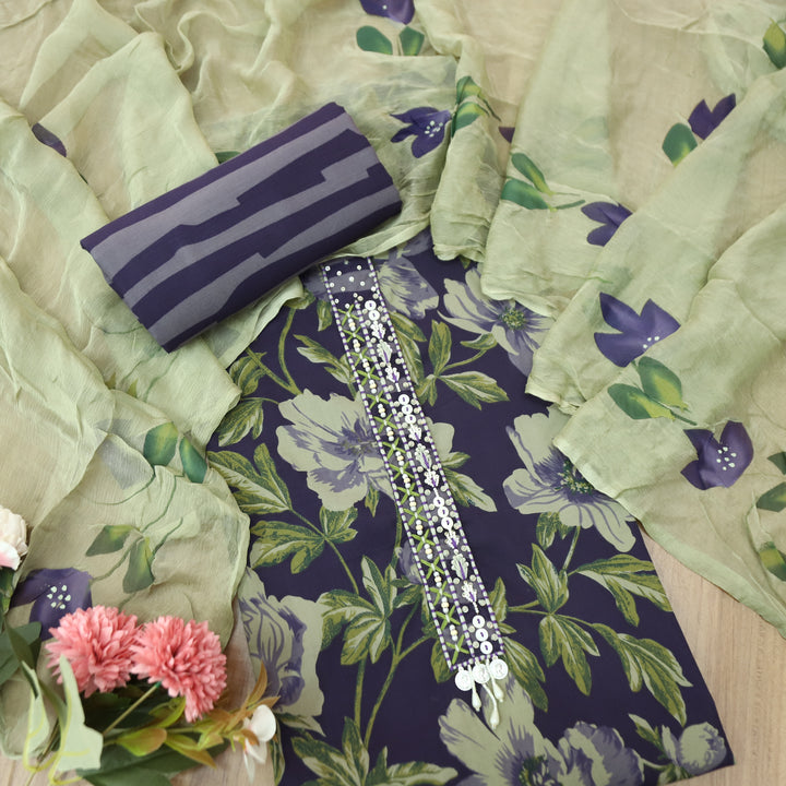 Sunaina Royal Blue Moti Work Patch in Floral Printed Cotton Suit Set