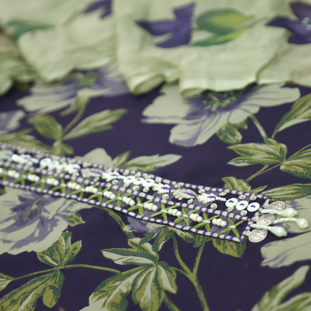 Sunaina Royal Blue Moti Work Patch in Floral Printed Cotton Suit Set