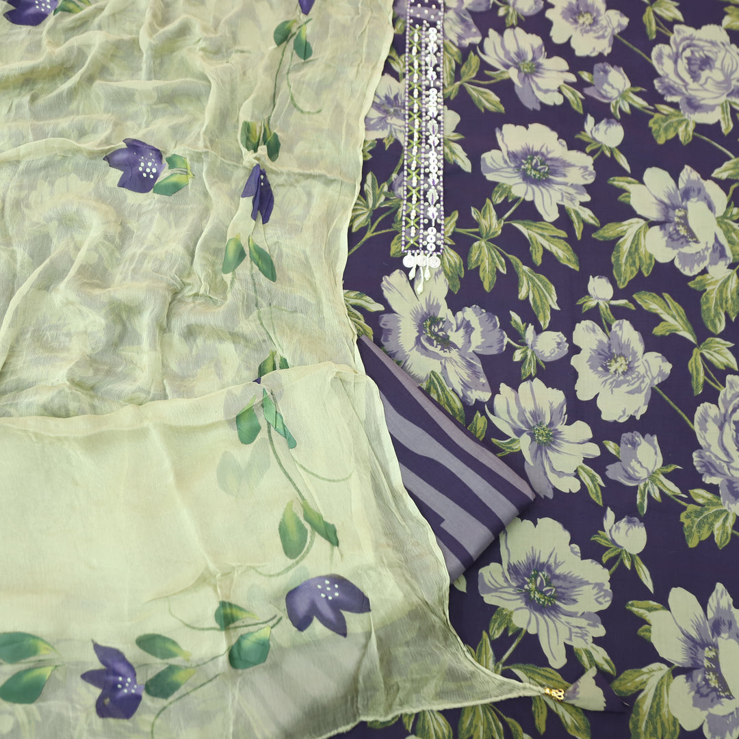 Sunaina Royal Blue Moti Work Patch in Floral Printed Cotton Suit Set