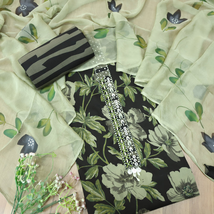 Sunaina Forest Green Moti Work Patch in Floral Printed Cotton Suit Set