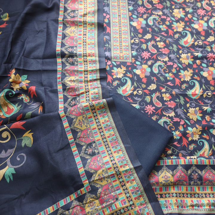 Rashmika Royal Blue Kanni Floral Printed Semi Pashmina Winter Set