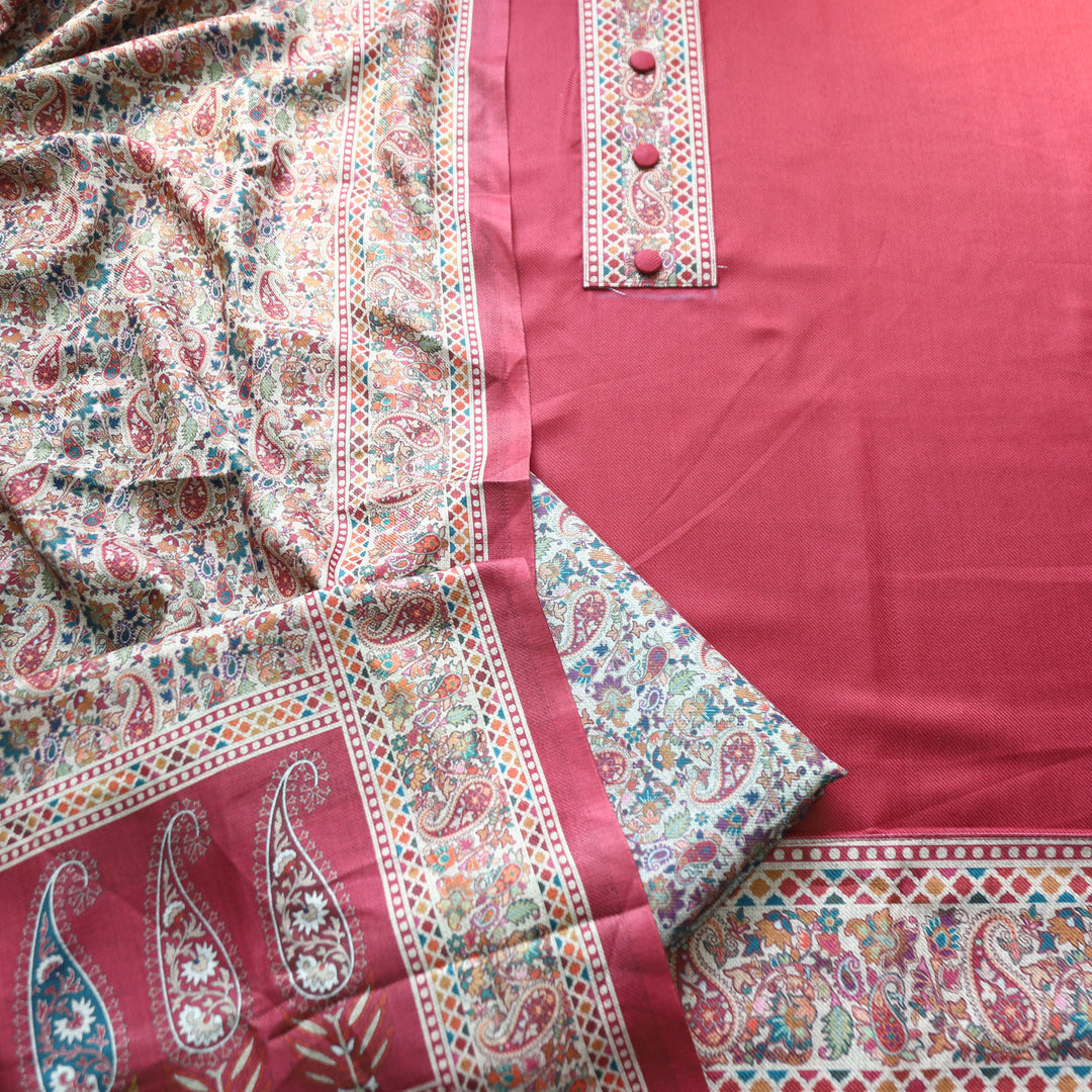 Afsana Magenta with Button Work Digital Printed Hem Semi Pashmina WInter Set