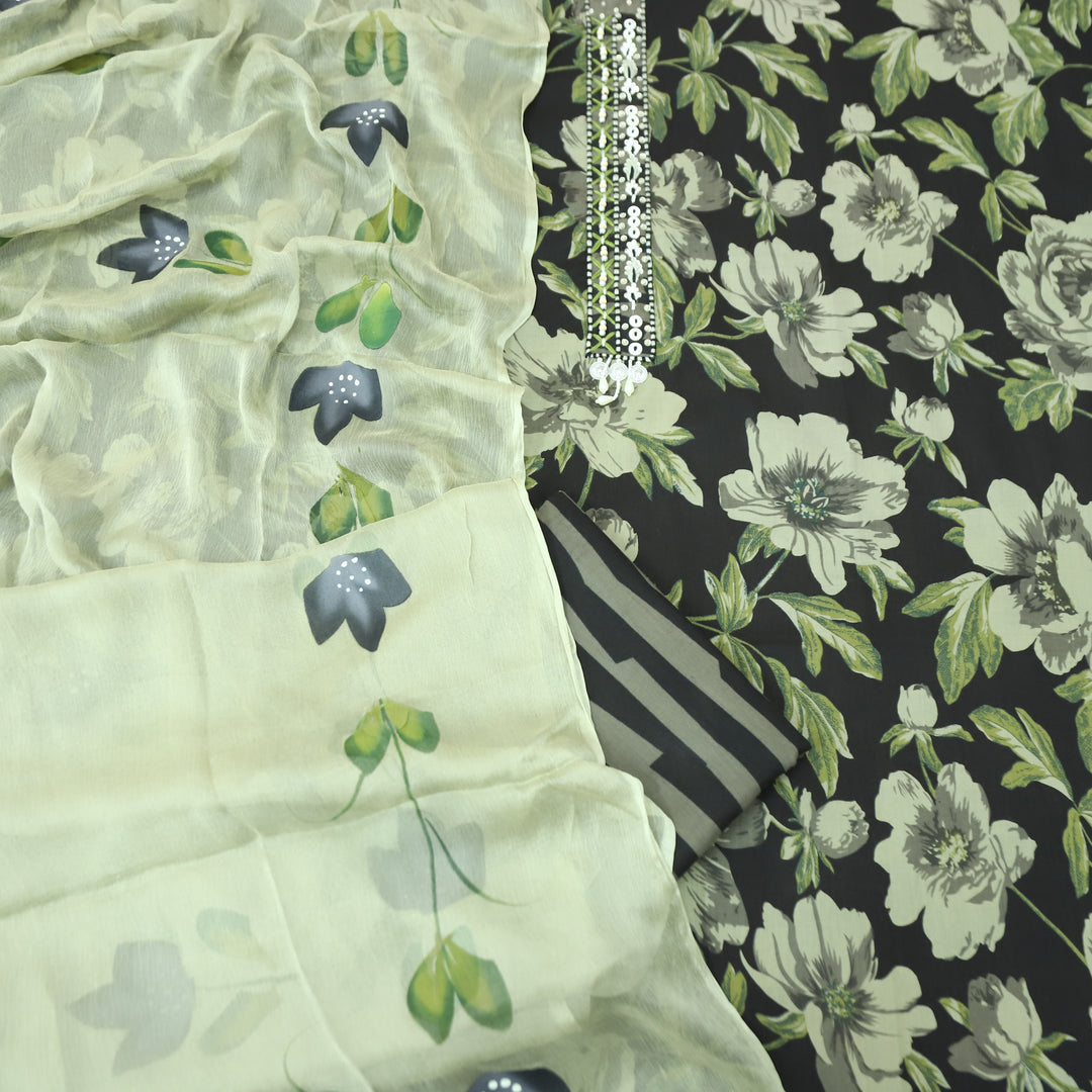 Sunaina Forest Green Moti Work Patch in Floral Printed Cotton Suit Set