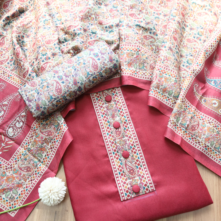 Afsana Magenta with Button Work Digital Printed Hem Semi Pashmina WInter Set