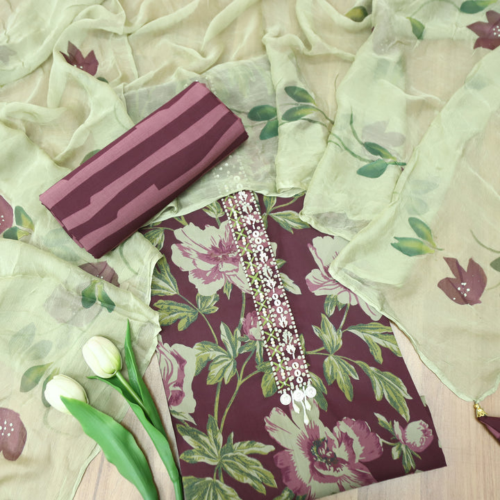 Sunaina Mahogany Wine Moti Work Patch in Floral Printed Cotton Suit Set