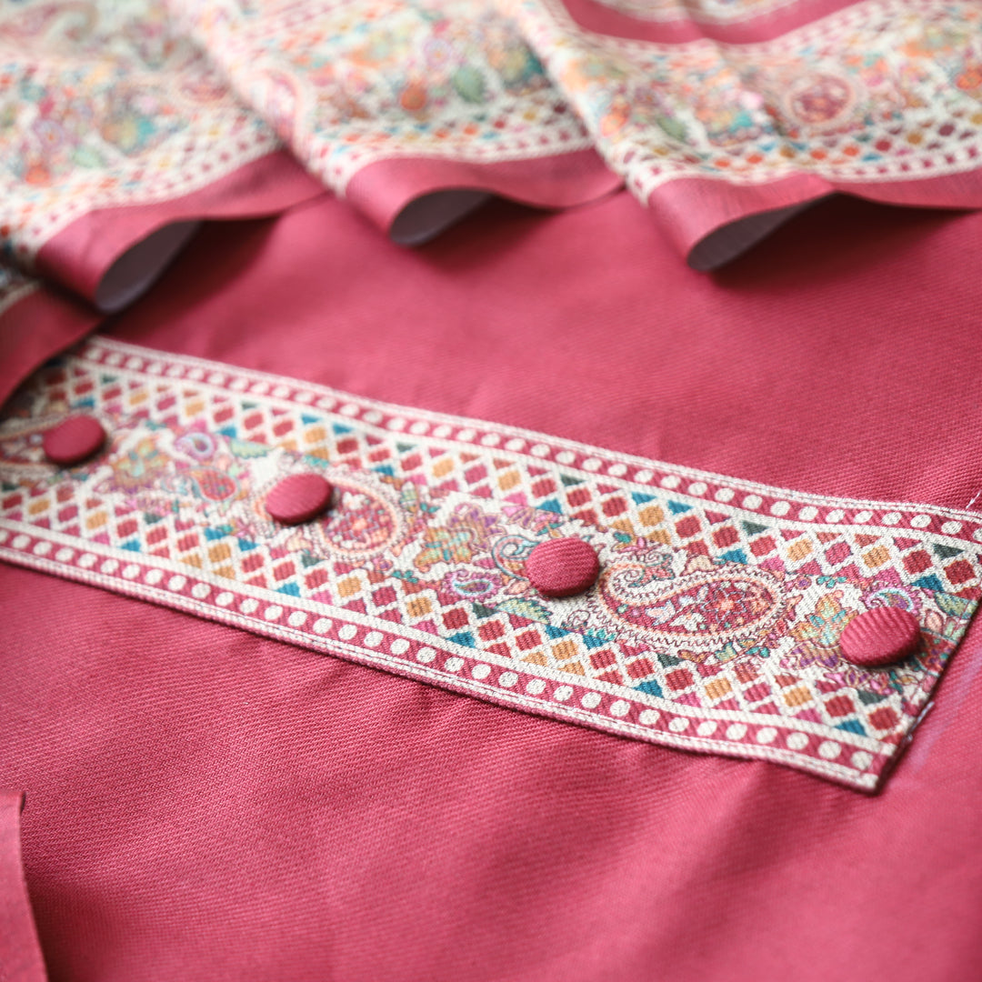 Afsana Magenta with Button Work Digital Printed Hem Semi Pashmina WInter Set