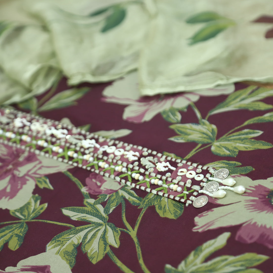 Sunaina Mahogany Wine Moti Work Patch in Floral Printed Cotton Suit Set