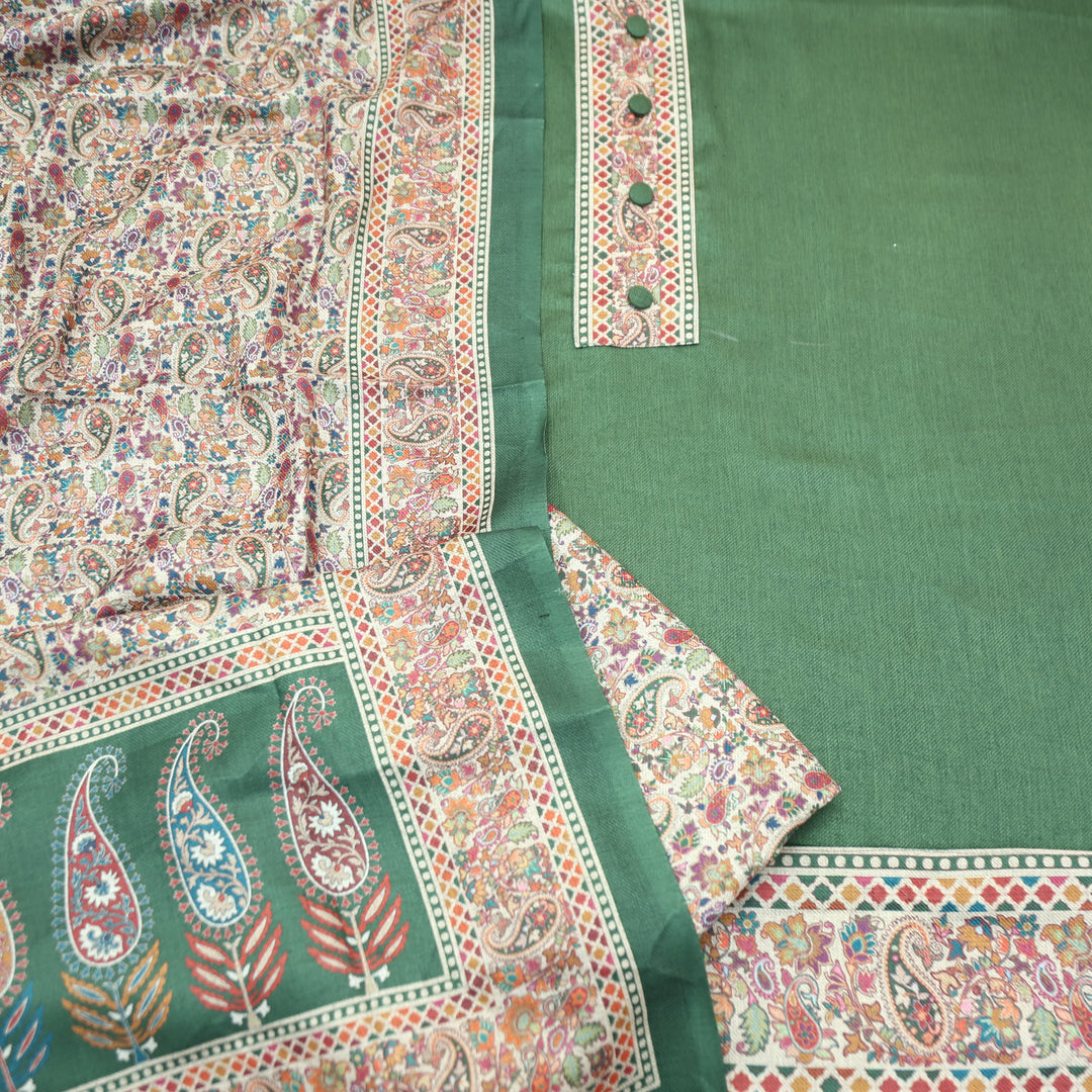 Afsana Green with Button Work Digital Printed Hem Semi Pashmina WInter Set
