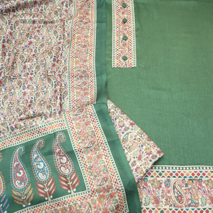 Afsana Green with Button Work Digital Printed Hem Semi Pashmina WInter Set