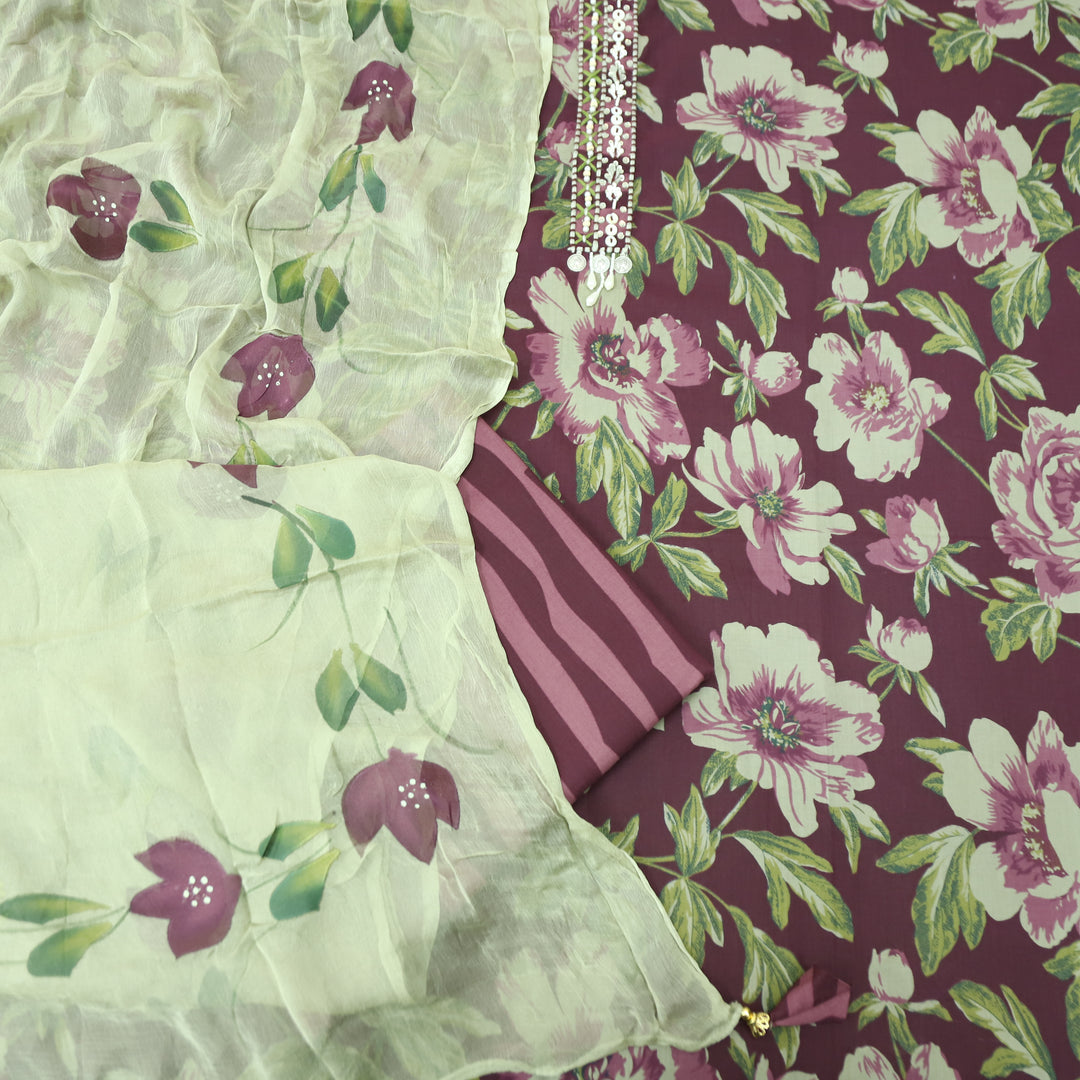 Sunaina Mahogany Wine Moti Work Patch in Floral Printed Cotton Suit Set